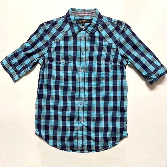 Ben Sherman Blue Square Print Short Sleeve Button Down Shirt (S) - Picture 1 of 9